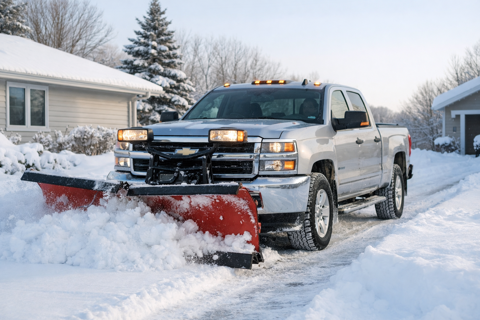 Snow plow truck clearing a driveway